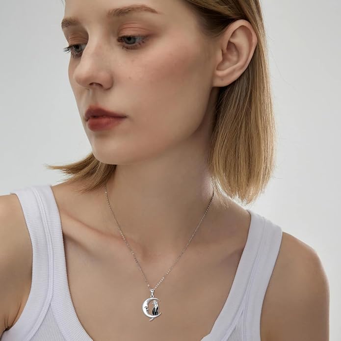 Diamond Black Cat Necklace for Women 925 Sterling Silver Cat on Moon Necklace Pendant Black Cat Jewelry Gifts for Women Mom Wife Girlfriend Daughter Girls