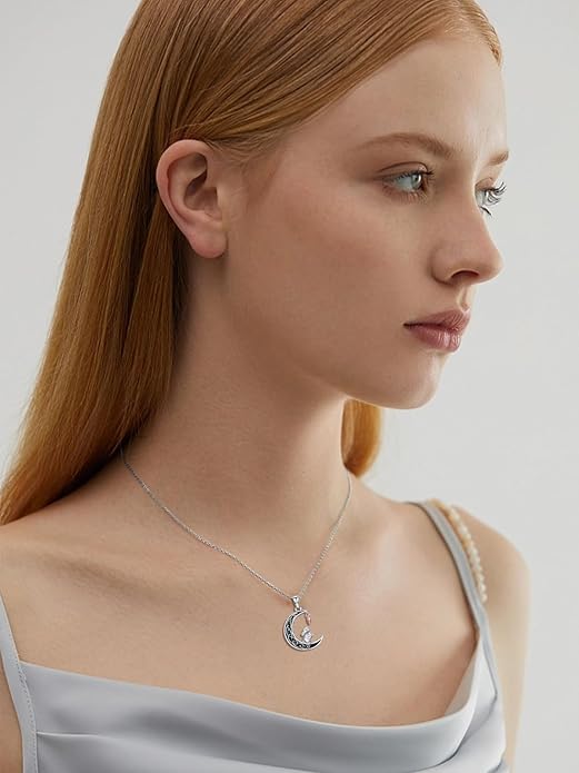Fox/Cat/Axolotl/Sloth/Panda Necklace Crescent Moon Necklace 925 Sterling Silver Cute Animal Jewelry as Birthday Mothers Day Gifts for Women