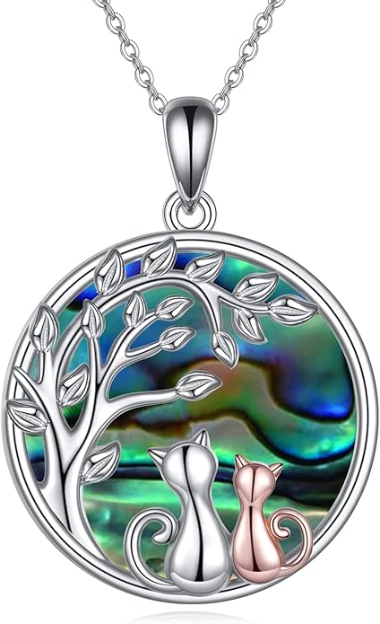 Celtic Moon Black Cat Necklace for Women - Abalone Tree of Life Sterling Silver Cat Lovers Jewelry