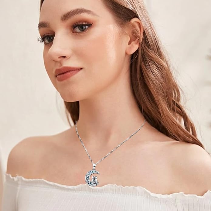 Odinstone Cat Necklace, S925 Sterling Silver Cat on Moon Pendant with Cubic Zirconia, Cat Jewelry Mothers Day Gifts for Mum with Gift Package - I Love You Forever
