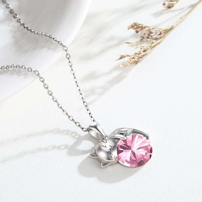 LONAGO Cat Necklace with Birthstone 925 Sterling Silver Cat Pendant Necklace Gift for Women