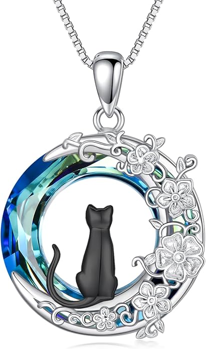 TOUPOP Cat Gifts for Women Sterling Silver Cat Necklaces with Circle Crystal Cat Lovers Jewelry Gifts for Women Girls Birthday Christmas