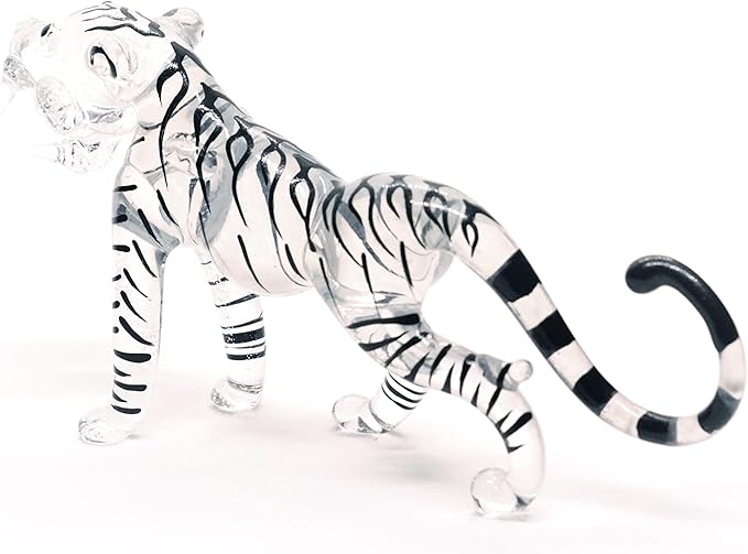 ChangThai Design Tiny 3½" Clear Black Striped Roaring Tiger Figurine - Miniature Hand Blown Glass Tigers Wild Cats Wildlife Felidae Animal Crystal Decorative Figure Collectible Figurines Décor Gifts