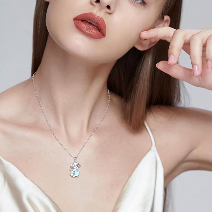Teardrop Moss Agate/Turquoise/Moonstone/Larimar Mermaid/Fox/Cat Necklace Sterling Silver Pendant Necklace Jewelry Gifts for Women