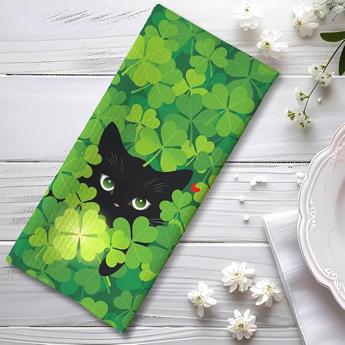 Lucky Clover Cat Green Kitchen Towels-Fun Irish Themed Dish Towels with Hidden Black Cat & Glowing 4-Leaf Design, Decorative Hand Towels for Kitchen Decor or Bathroom Accessories