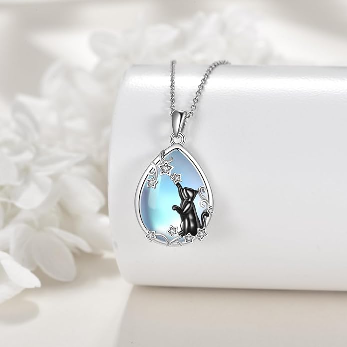 LUHE Moonstone Necklace 925 Sterling Silver Fox/Axolotl/Cat/Raccoon/Penguin/Frog/Panda/Highland Cow Pendant Necklace Animal Jewelry Gifts for Women