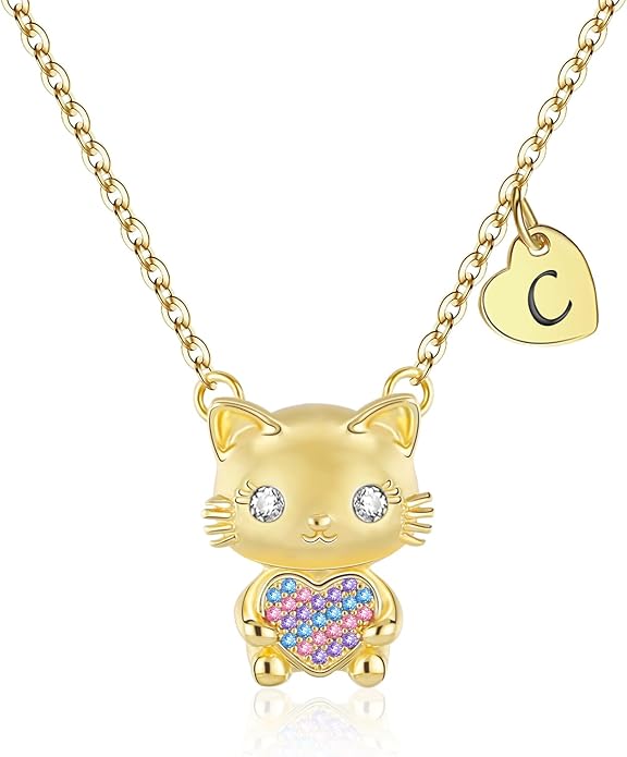 Gifts for Girls Necklace, Cat Heart Pendant Necklace for Jewelry Initial Necklace for Girl Birthday Christmas Gifts
