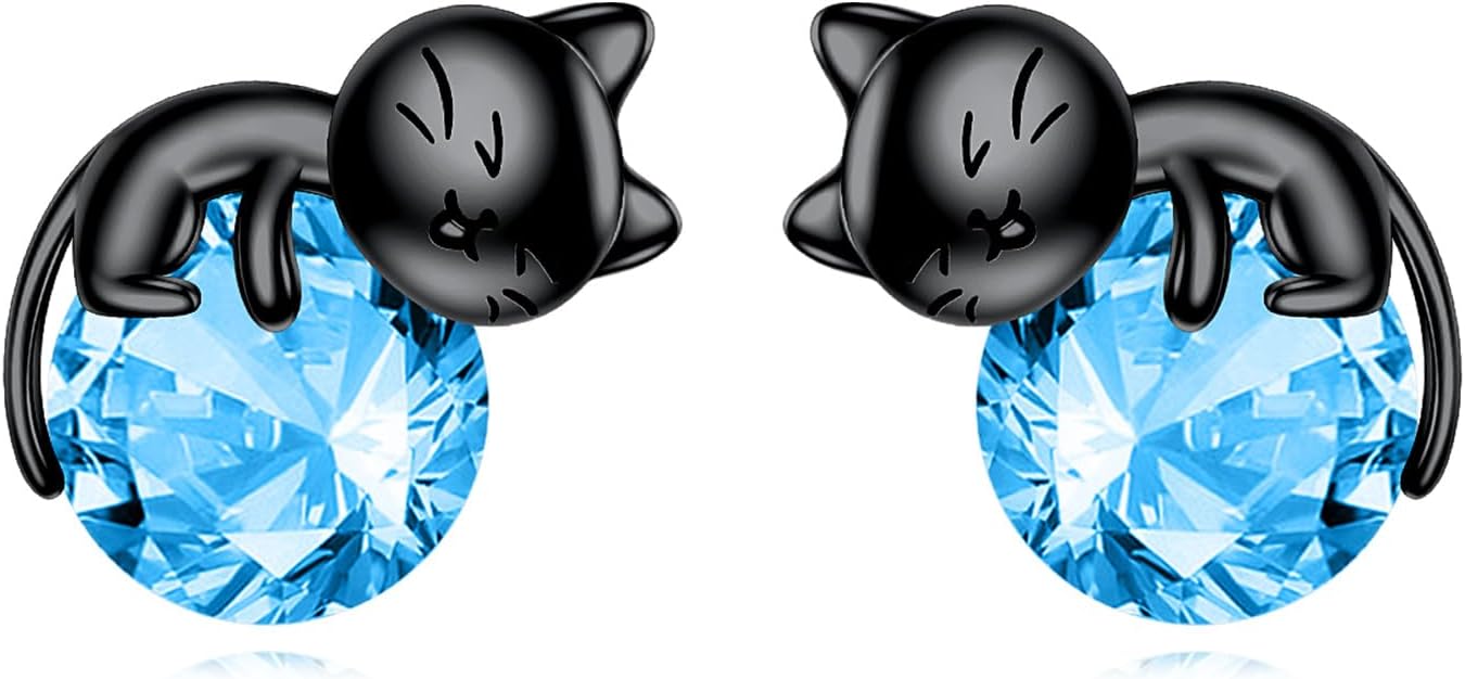 Sterling Silver Birthstone Black Cat Stud Earrings - Cat Birthstone Earrings for Women's Birthday Gift