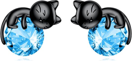 Sterling Silver Birthstone Black Cat Stud Earrings - Cat Birthstone Earrings for Women's Birthday Gift