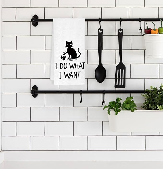 EXUQO Cat Kitchen Towels - Black & White Funny & Decorative Cat Dish & Hand Towels - Cute Tea Towels - Housewarming Gift