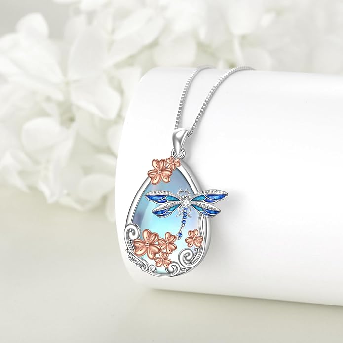KQF Dragonfly/Butterlfy/Cat/Jellyfish/Bunny/Axolotl/Bee/Mermaid/Hummingbird/Elephant Necklace for Women Sterling Silver Moonstone Pendant Necklace Dragonfly Jewelry Gifts for Women