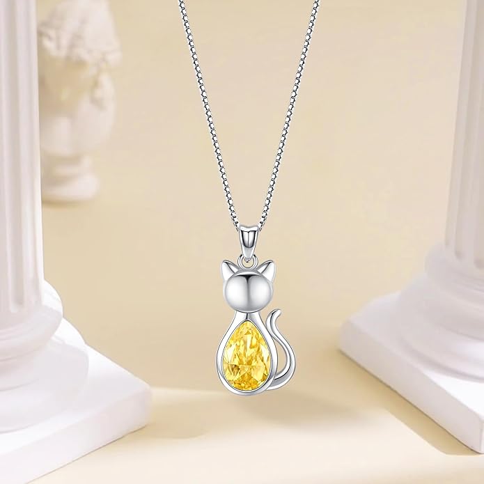 Odinstone Cat Birthstone Necklaces Jewelry Sterling Silver Cat Pendant Necklace Gift for Women Gifts, 18'' Silver Box Chain Women's Birthstone Crystal Cat Jewelry Gifts