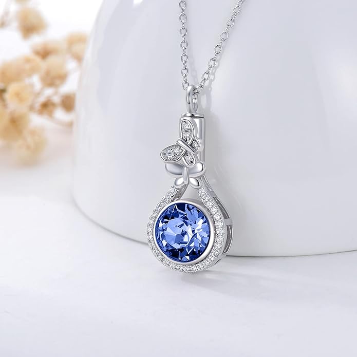 AOBOCO Butterfly Urn Necklace for Ashes 925 Sterling Silver Butterfly Cremation Jewelry Memorial Keepsake Pendant with 12 Months Birthstone Crystal from Austria