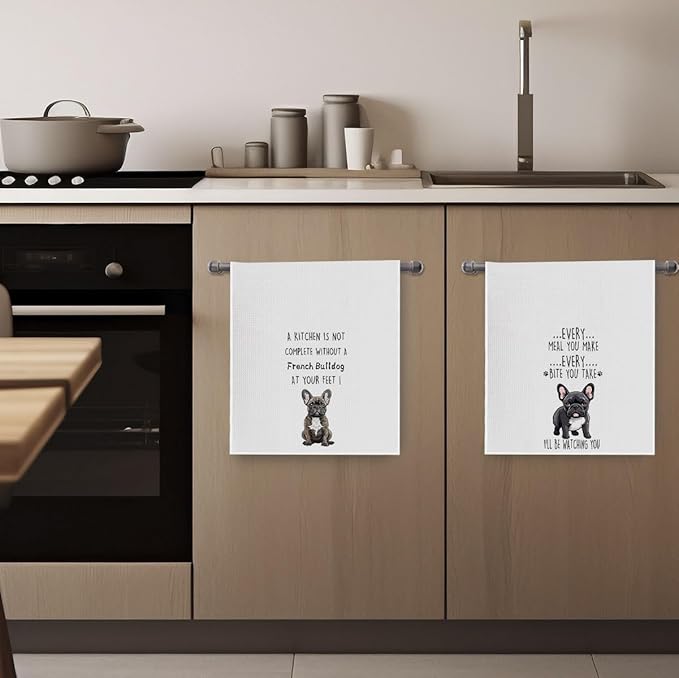 French Bulldog Dish Towels Set - Funny Frenchie Waffle Weave Kitchen Towels, French Bulldog Decorative Hand Tea Towels for Bathroom Kitchen (16×24 Inches Set of 2)
