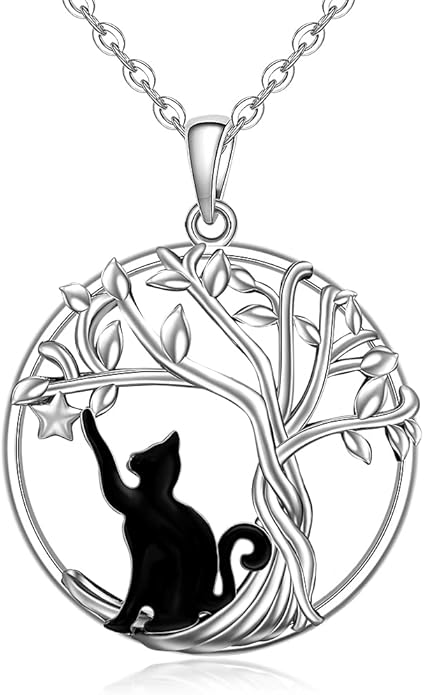Cat Necklace Black Cat Necklace for Women Sterling Silver Tree of Life Necklaces Pendant for Cats Lovers White Gold Gifts Jewelry