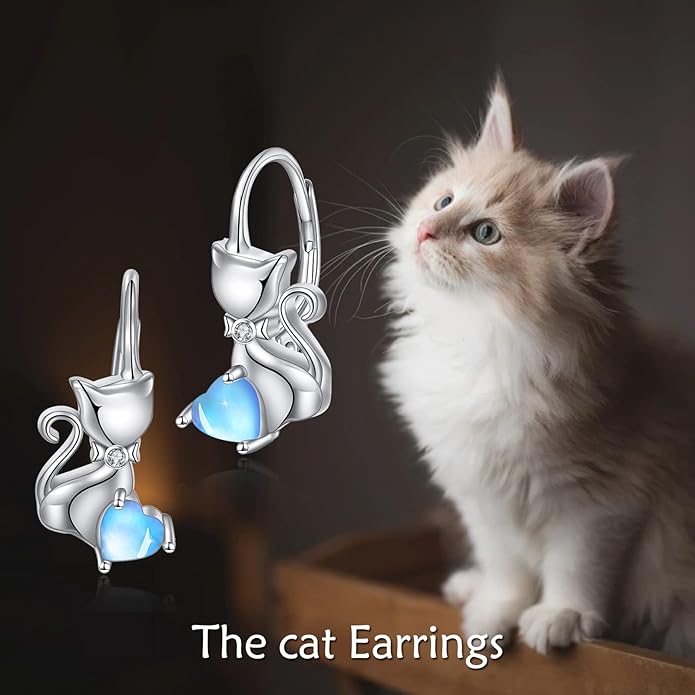 Cat Gifts Earrings Sterling Silver Cute Small Animal Cats Dangle Leverback Jewelry Gifts for women cat Lovers