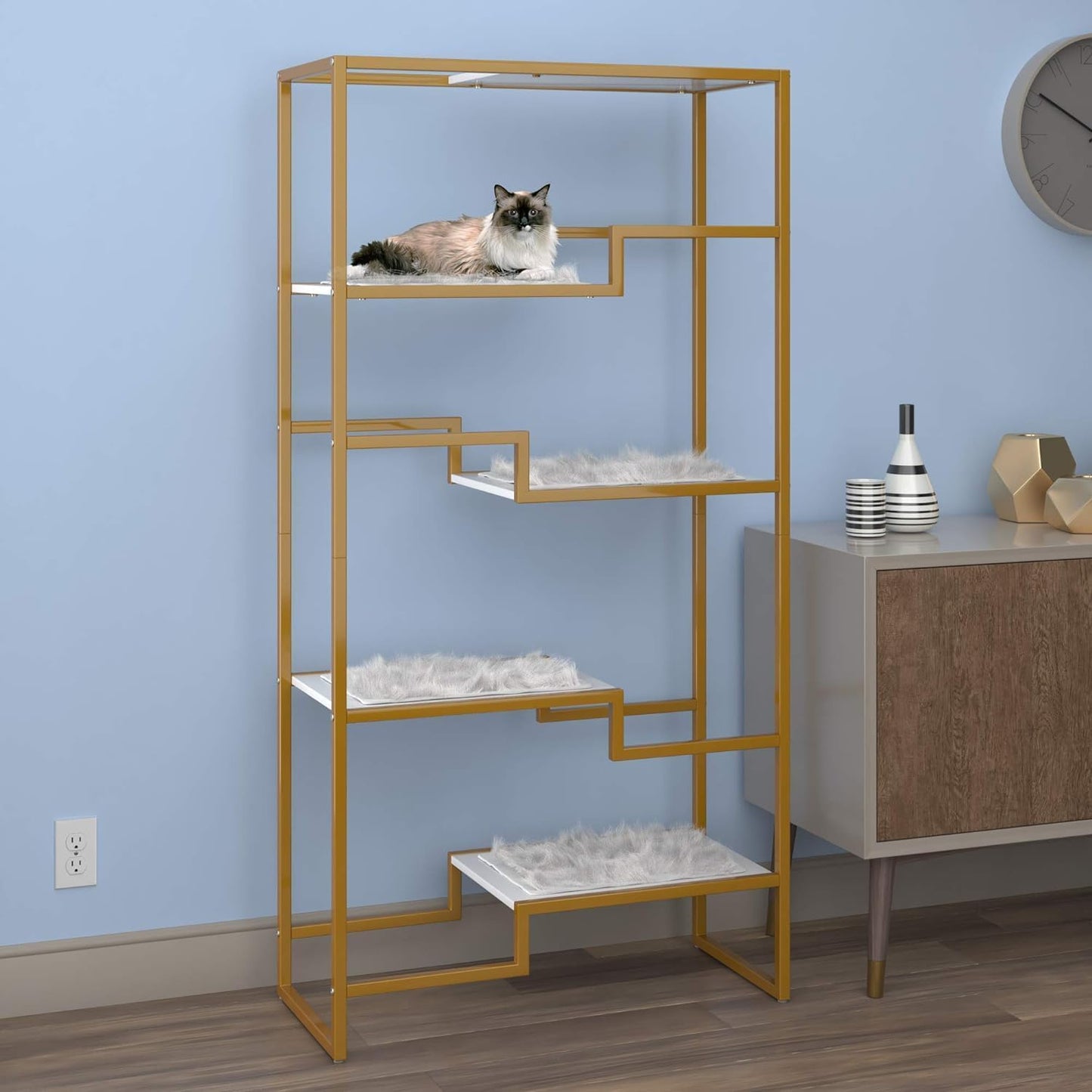 THE REFINED FELINE 62 Inch Tall Metropolitan Cat Condo, Gold Metal Frame Cat Tower, Multi-Level Modern Cat Tree for Indoor Cats, White Platforms with Faux Fur Replaceable Cushions