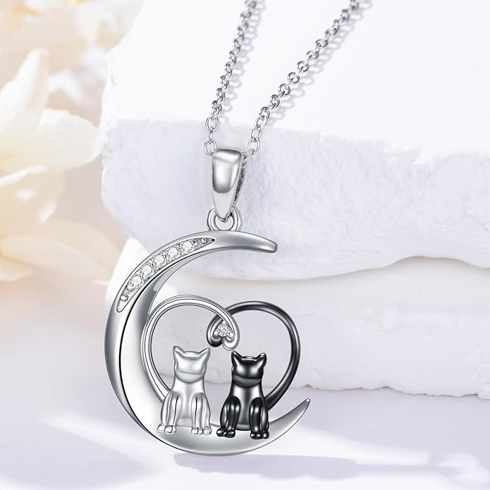 Diamond Black Cat Necklace for Women 925 Sterling Silver Cat on Moon Necklace Pendant Black Cat Jewelry Gifts for Women Mom Wife Girlfriend Daughter Girls