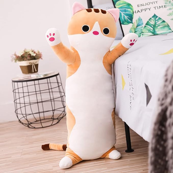 Long Cat Plush Pillow - Cute Kitten Stuffed Animal Body Hugging Toy for Kids, 19.68 Inch (Brown)