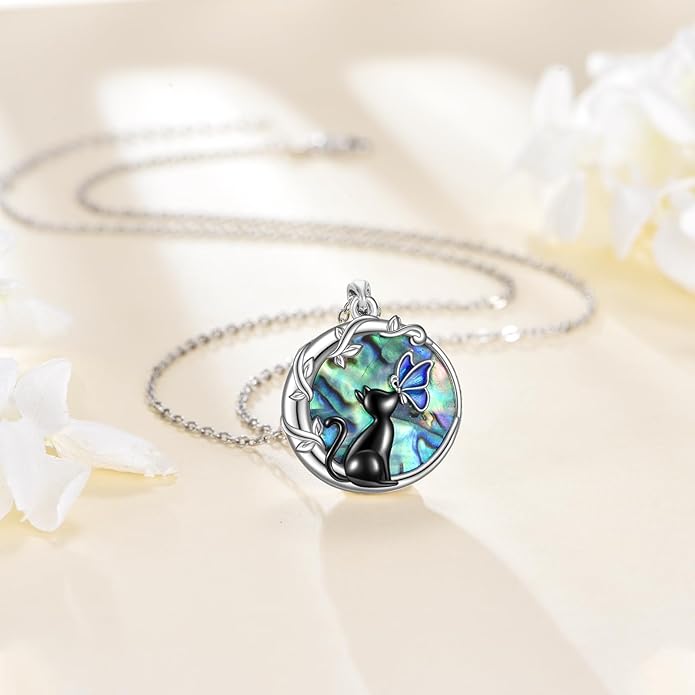 TIGER RIDER Moon Cat Necklace 925 Sterling Silver Blue Butterfly Black Jewelry Gifts Birthday Christmas Gifts for Women Wife Cat Lovers