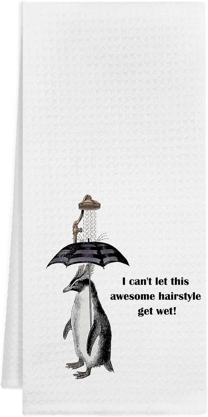 Funny Penguin Bathroom Hand Towels, Quirky Penguin Decorative Hand Towels for Bathroom Decor, I Can't Let This Awesome Hairstyle Get Wet Decorative Kitchen Dish Towels, 16x24 Inch