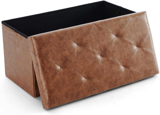 Sweetcrispy 30 Inches Folding Ottoman with Storage Bench, Foot Rest Stool, End of Bed Storage Bench Upholstered, Load 660 lbs, for Living Room, Synthetic Leather, Brown