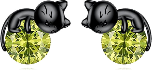 Sterling Silver Birthstone Black Cat Stud Earrings - Cat Birthstone Earrings for Women's Birthday Gift