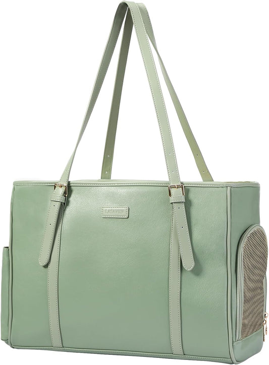 Fashion Dog Purse Pet Carrier Leather Bag for Small Dogs Cats Puppy, Portable Tote Bag Airline Approved Soft-Sided Carriers (Green)