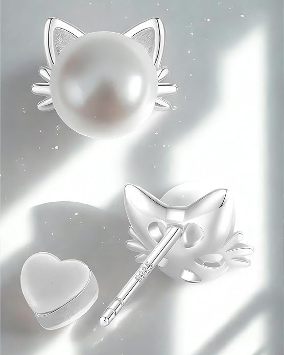 PANSTAR Hypoallergenic 925 Sterling Silver Pearl Cat Earrings for Women - Cute Dainty Cat Stud Earrings, Valentine’s & Mother’s Day Gift with Box