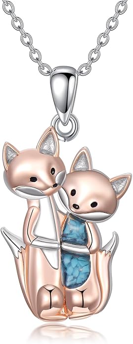 Couple Hug Necklace 925 Sterling Silver Cat/Fox Couples Hugging Turquoise Necklace Couples Jewelry as Valentine's Day Gift for Women