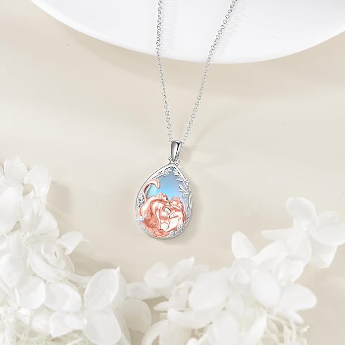 Cat Necklace Sterling Silver Cat Pendnat with Rose Quartz Pearl Jewelry Gifts for Women Cat Lovers