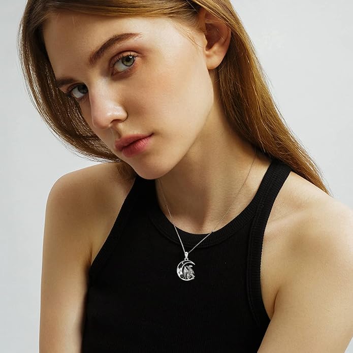 Gothic Jewelry Bat/Cat/Wolf/Dragon/Owl/Fox/Spider/Sun Pendant Sterling Silver Crescent Moon Necklace for Women Girls Black Jewelry Gifts