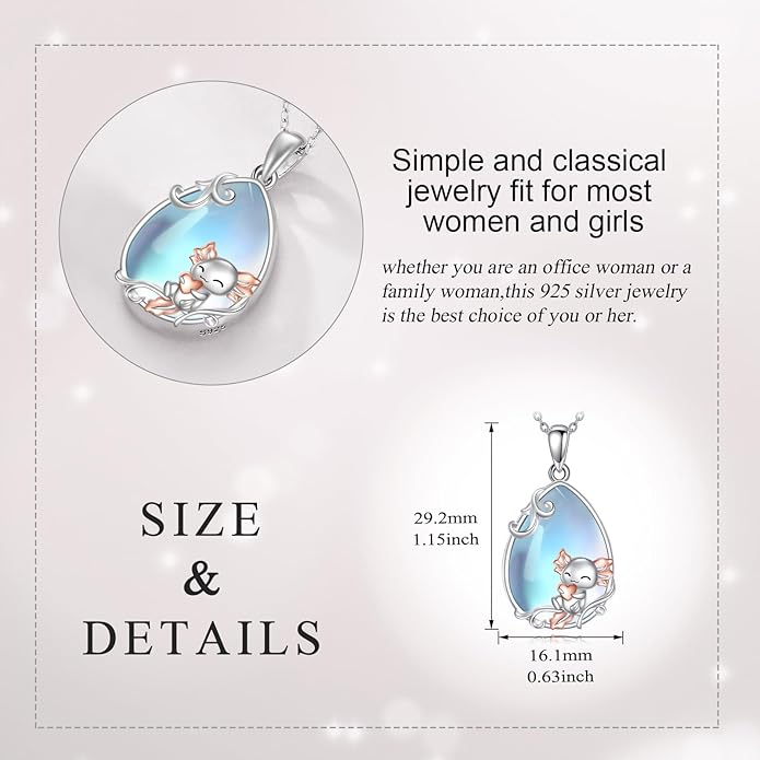 LUHE Moonstone Necklace 925 Sterling Silver Fox/Axolotl/Cat/Raccoon/Penguin/Frog/Panda/Highland Cow Pendant Necklace Animal Jewelry Gifts for Women