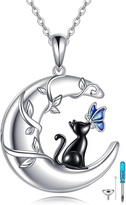 TIGER RIDER Moon Cat Necklace 925 Sterling Silver Blue Butterfly Black Jewelry Gifts Birthday Christmas Gifts for Women Wife Cat Lovers