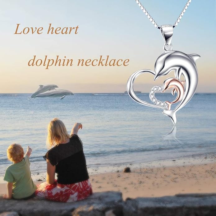 Dolphins Jewelry 925 Sterling Silver Two-Tone Eternal Love Double Heart Dolphin Pendant Necklace for Women (Rose Gold Dolphin Necklace 18'')