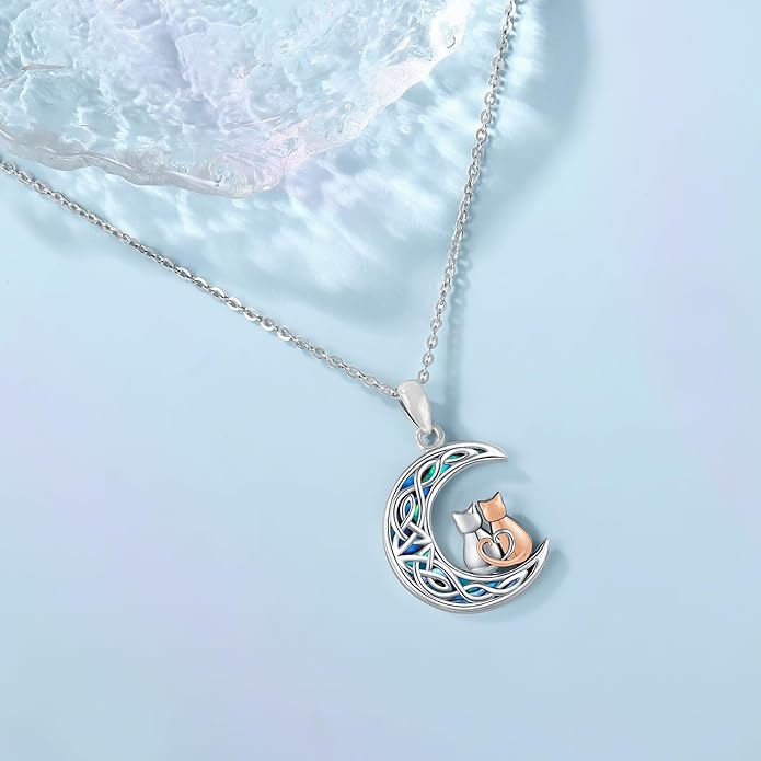 Odinstone Cat Necklace, S925 Sterling Silver Cat on Moon Pendant with Cubic Zirconia, Cat Jewelry Mothers Day Gifts for Mum with Gift Package - I Love You Forever
