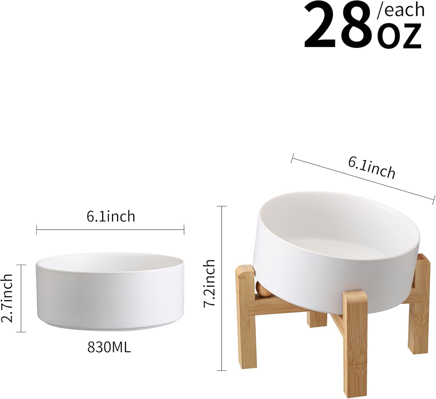 White Elevated/Raised 15°Tilted Anti Slip Ceramic Dog Bowl for Small/Medium Breeds,Slanted Bulldog Big Face Pet Food Water Feeding Dish with Stand for Cats and Dogs (3.6 Cups/28 OZ)