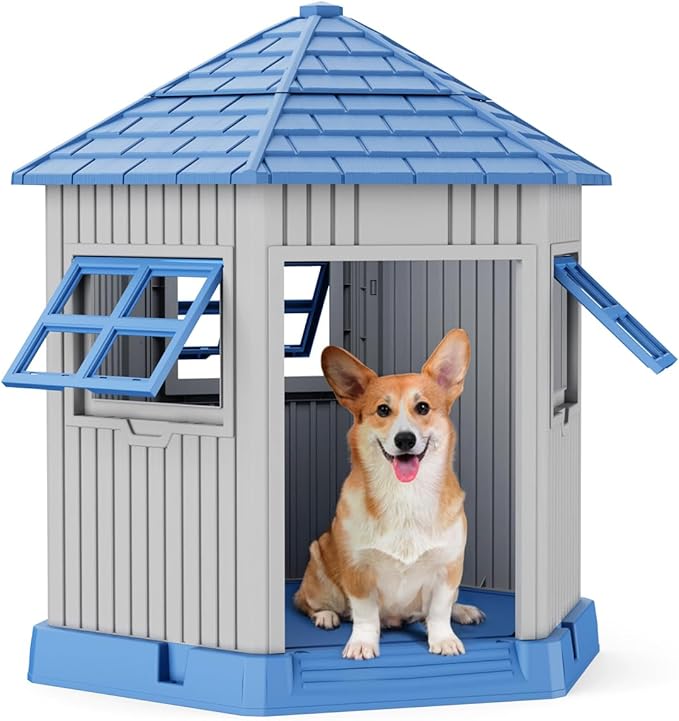 DRATO Dog House Indoor Outdoor Durable Large Dog Shelter with Outside Dog Kennel with Window and Elevated Floor for Small Medium Dogs (Blue, by)