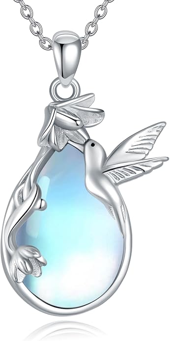 CRMAD Daisy/Black Cat/Dragonfly/Daffodil/Hummingbird/Stingray/Phoenix Feather/Rose Necklace Sterling Silver Moonstone Teardrop Pendant Necklace Flower Animal Jewelry Gifts for Women