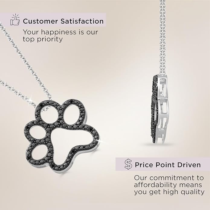 Jewelili Sterling Silver or Yellow Gold Plated Sterling Silver Dog Paw Pendant Necklace for Women | Treated Black or Natural White Round Diamonds | 18" Rolo Chain | Luxury Jewelry Gift for Her | Gift Box Included