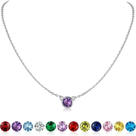 SILVERCUTE Sterling Silver Birthstone Necklace for Women,Dainty Silver Pendant Necklace with Round Cubic Zirconia,16"-18"