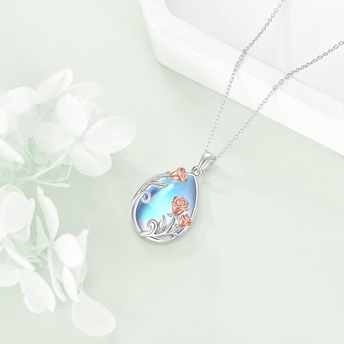 CRMAD Daisy/Black Cat/Dragonfly/Daffodil/Hummingbird/Stingray/Phoenix Feather/Rose Necklace Sterling Silver Moonstone Teardrop Pendant Necklace Flower Animal Jewelry Gifts for Women