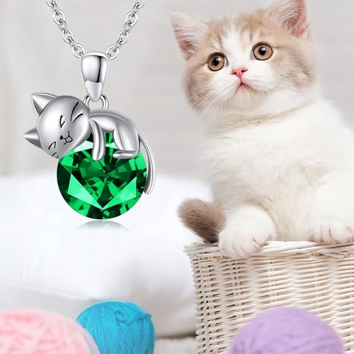 LONAGO Cat Necklace with Birthstone 925 Sterling Silver Cat Pendant Necklace Gift for Women