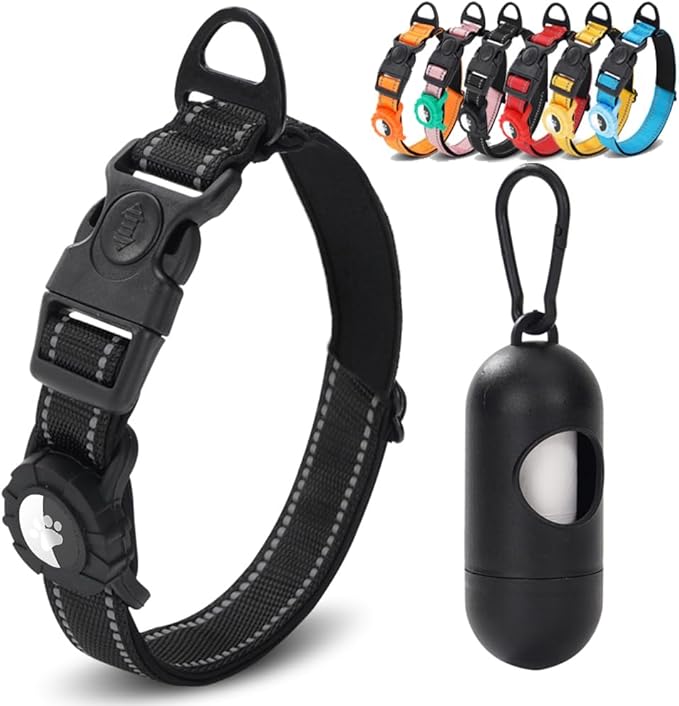 JSXD AirTag Dog Collar, Night Reflective Nylon Dog Collar for Small Medium Large Dogs,Lockable Quick Release Buckle,Padded Breathable Pet Collar with AirTag Holder (Black, Medium)