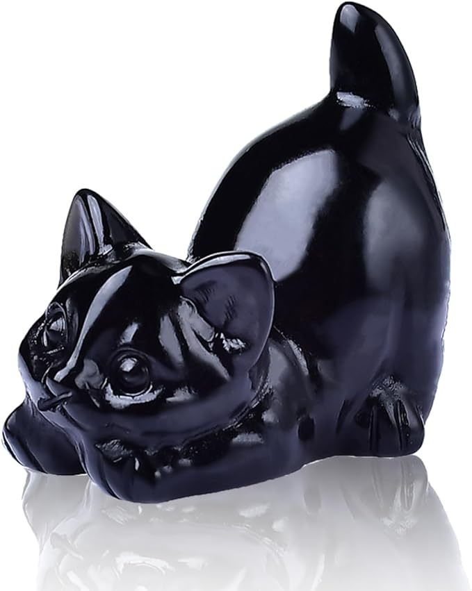 Natural Obsidian Cat Decor Statue Crystals and Healing Stones Cat Figurine Polished Gemstones Bedroom Office Desk Home Decoration A Lucky Decoration for Cat Lover