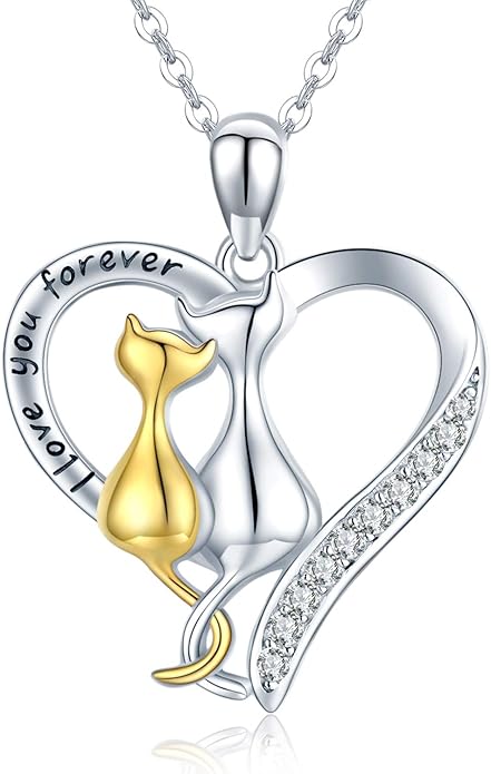 CHENGHONG Cat Necklaces 925 Sterling Silver Jewelry Cute Double Two-Tone Cat Pendant Cubic Zirconia Necklace I love you forever for Cat Lover Jewelry Gifts for Women