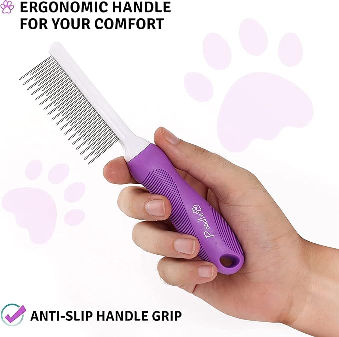 Poodle Pet Detangling Pet Comb with Long & Short Stainless Steel Teeth for Removing Matted Fur, Knots & Tangles – Detangler Tool Accessories for Safe & Gentle DIY Dog & Cat Grooming