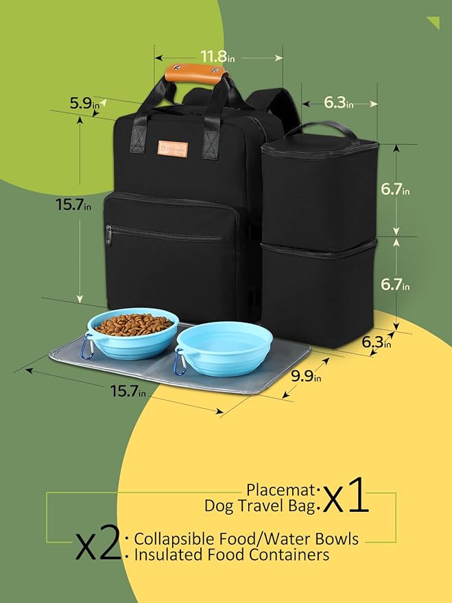 Dog Travel Bag, 25L Airline Approved Dog Travel Backpack for Pet Travel Accessories with 2 Food Storage Containers, 2 Foldable Bowls for Short Trips, Black