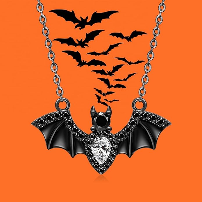 Halloween Bat Necklace for Women Sterling Silver Black Bat Pendant Necklace Gothic Flying Animal