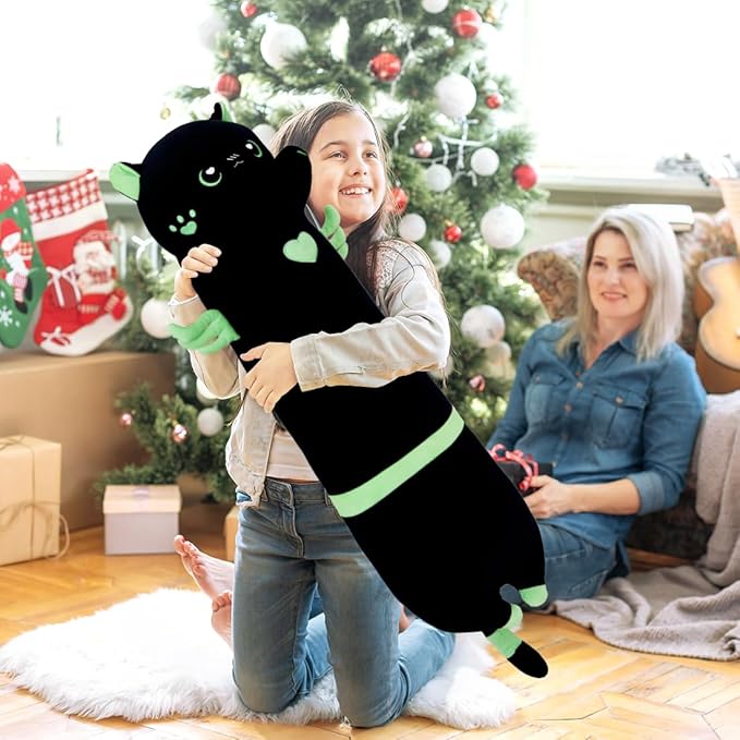 Long Plush Toy Cat Pillow Cute Plush Cat Toy Doll Stuffed Animal Cat Hugging Pillow for Sleeping Gift for Kids and Girls(Black&Green,110cm/43.3in)